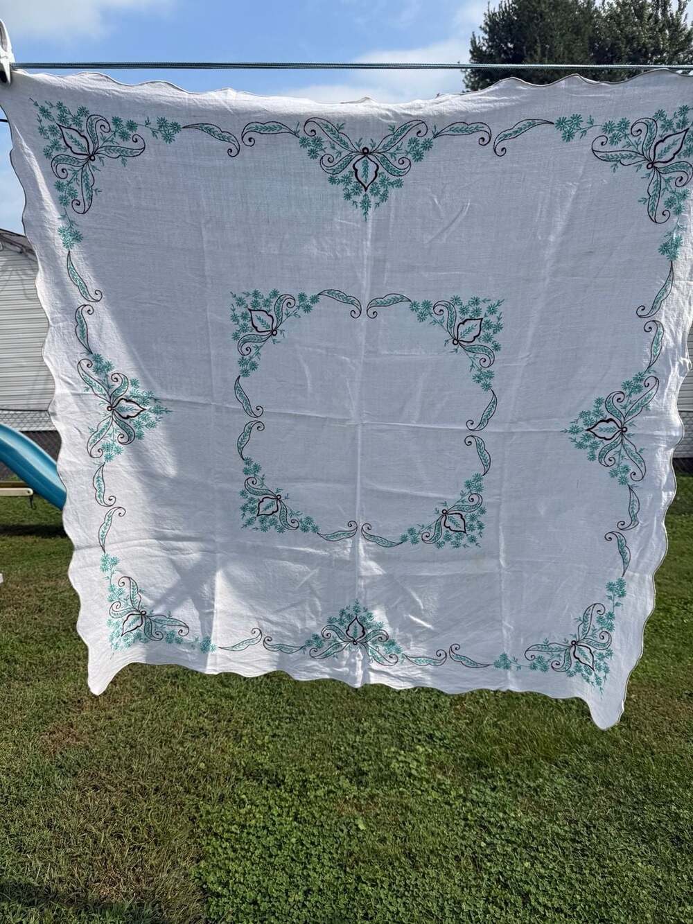 Vintage Hand Embroidered Tablecloth White Teal Blue Floral Scalloped
